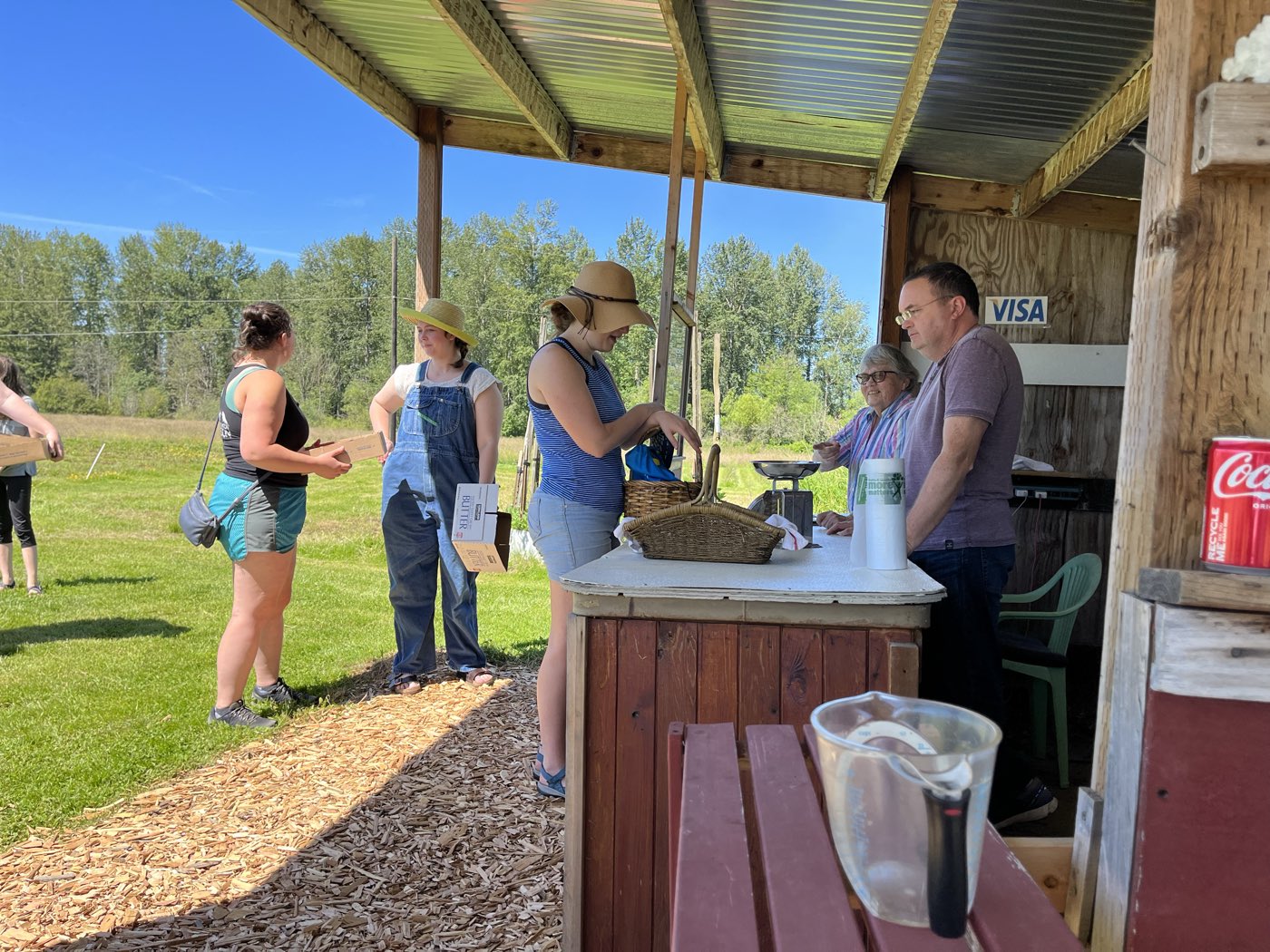 Customers weighing up at the farm stand on an open day